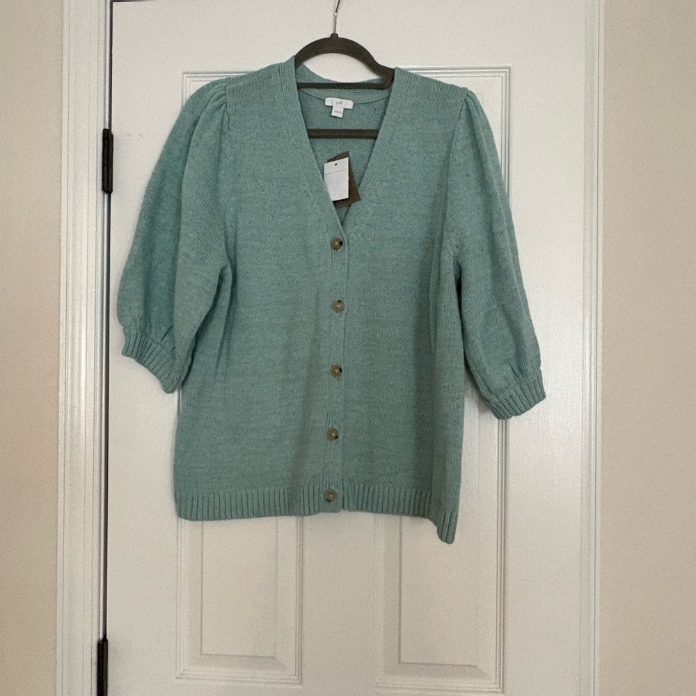 NWT J. Jill Cardigan 3/4 Puff Sleeve Size Large Seafoam Green Blue 
LCITHTRMLT